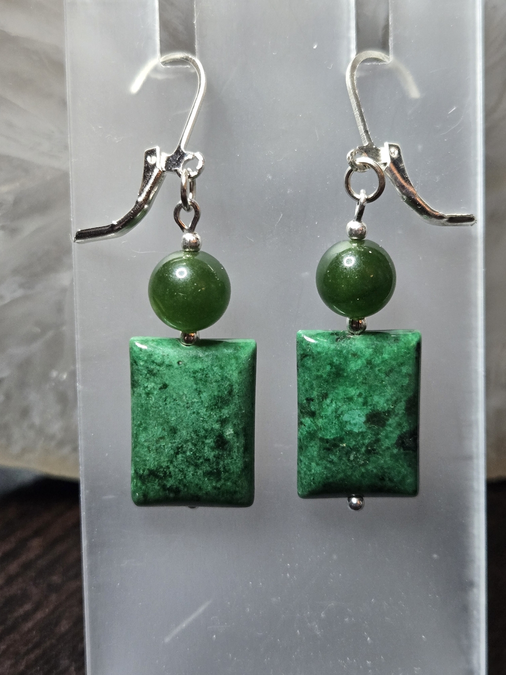 Emerald Green And Nephrite Jade Earrings - Picture 2 of 2